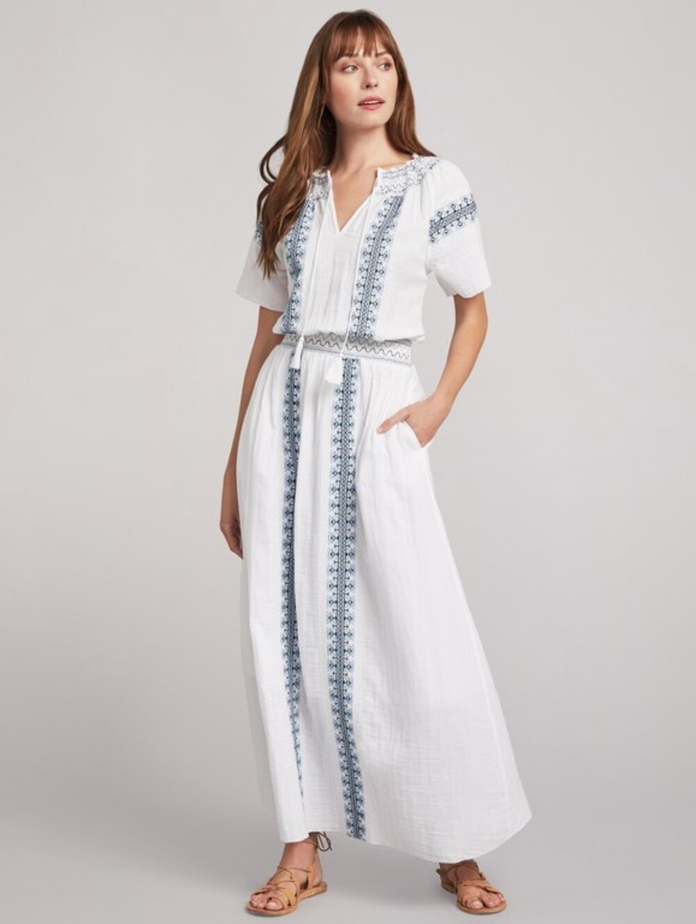Faherty Catrina Organic Cotton Embroidered Maxi Dress White Blue Size S